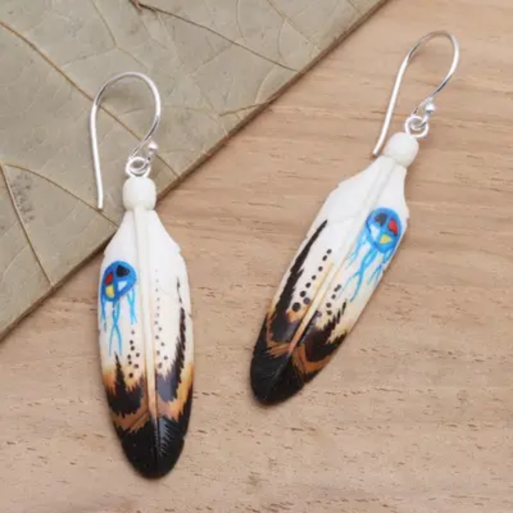 Handcrafted Carved Bone Painted Feather …